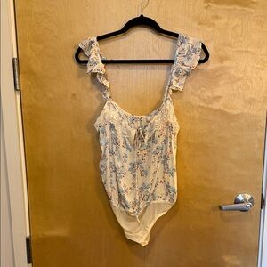 NWT Free People Floral Lace Trim Cream Bodysuit with Ruffle Straps Small
